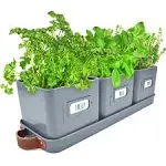 Herb Planter Indoor - Set of 3 Grey Indoor Herb Garden Pots for Plants with Leather Handled Tray - Window Sill Plant Shelf - Herb Pots with Drainage Holes and Labels