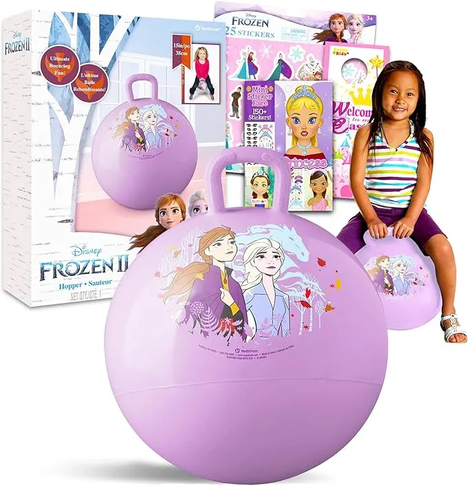 Disney Frozen Hopper Ball for Kids - Bundle with 15 Inch Frozen Bouncy Ball Featuring Elsa and Anna with Handle Plus Bonus Stickers and More (Frozen Outdoor Toys)