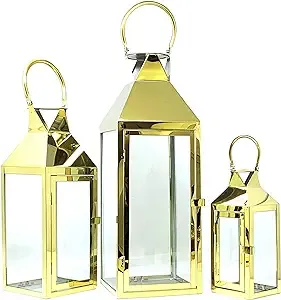 Allgala 3-PC Lantern Set 24 Inch Jumbo Deluxe Modern Indoor/Outdoor Candle Lantern Set Gold Stainless Steel Frame Tempered Glass Pyramid Top for Garden Poolside Fireplace Wedding