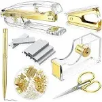 Office Supplies Set Desk Accessory Kit, Acrylic Stapler Set Staple Remover, Tape Dispenser, Binder Clips, Paper Clips, Ballpoint Pen and Scissor with 1000 Pieces 26/6 Staples (Gold)