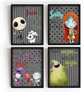 Even A Nightmare Will Brush Teeth Take A Bath Wash Hands Bathroom Character Wall Art Decor Prints Jack Sally Before Christmas Poster Signs