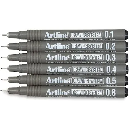 Artline Drawing System Pen, (0.1, 0.2, 0.3, 0.4, 0.5, 0.8mm) - (Pack of 6)