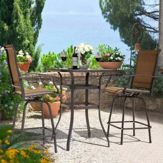 Nuu Garden Outdoor 32 Inch Square Bar Table with Silk Screen Glass Tabletop