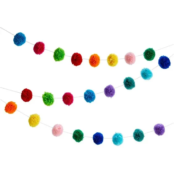 Blue Panda 10 Feet Colorful Wool Pom Pom Garland for Rainbow Birthday Decorations (24 Balls)