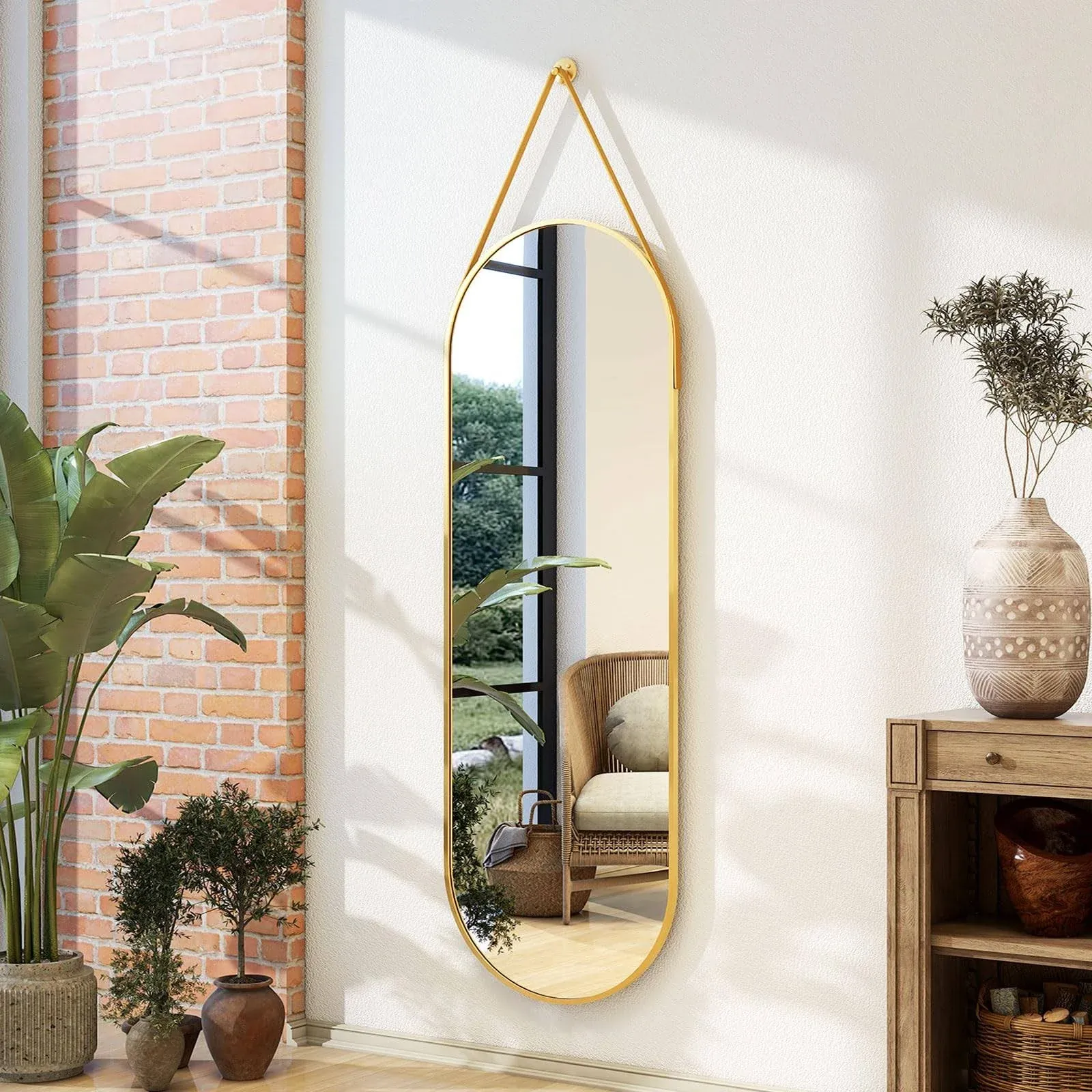 * 16&quot;x48&quot; Gold Arched Full Length Mirror - Modern Aluminum Frame with Hanging Leather Cord - Ideal for Bathroom, Vanity, Living Room, Bedroom, and Entrance Décor - Hanging Floor Mirror