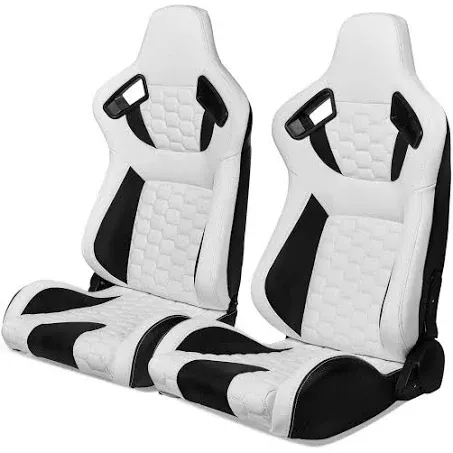 IKON MOTORSPORTS, Universal Racing Seats with Dual Sliders, Reclinable White & Black PU + Carbon Leather with Hexagonal Quilting Sport Bucket Seats, 1 Pair Driver + Passenger Side