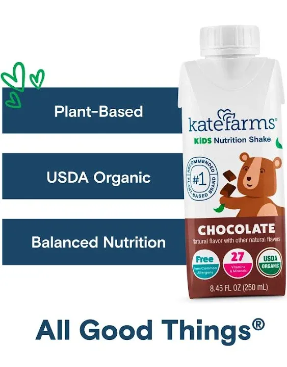 Kate Farms Organic Kids Nutrition Shake, Chocolate, 8g Protein, 27 Vitamins and Minerals, 8.45 oz (12 Pack)