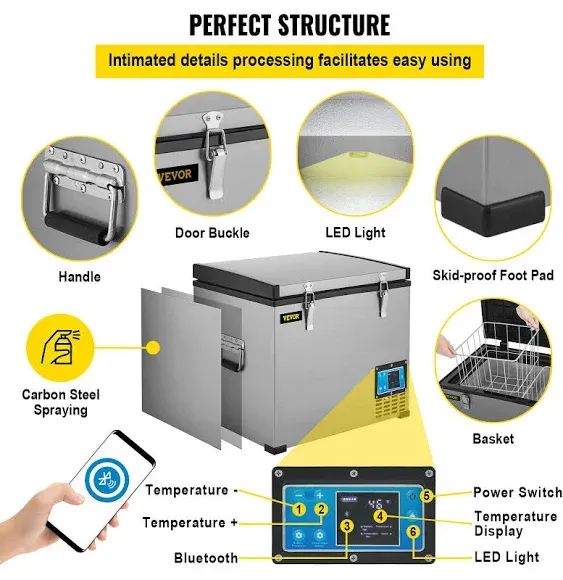 VEVOR Car Refrigerator, 48 qt, 12V Portable Freezer with Single Zone, 12/24V DC & 110-240V AC Electric Compressor Cooler w/ -4-68 Cooling Range, for