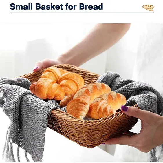 Poly Wicker Woven Bread Basket, Tabletop Food Serving Baskets Trays for Fruits Vegetables and Snacks, Restaurant Hotel Kitchen Serving Display Imitation Rattan Brown (3 Pack)