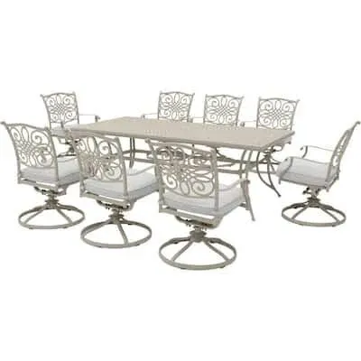 Hanover Traditions 9-Piece Aluminum Outdoor Dining Set with 8 Swivel Rockers and Cast Table with Beige Cushions TRADDNSD9PCSW8-BE