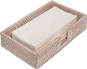 Rattan Guest Towel Holder For Bathroom Towel Caddy Rectangular Napkin Tray 9.4 x 5.9 x 2.4 inches Wicker Toilet Tank Basket Tissue Paper Hand Towels Storage Countertop (Guest Towel, White Wash)