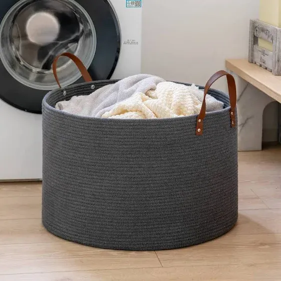 CHICVITA Large Storage Basket, Woven Laundry Basket with Leather Handles, Laundry Hamper for Blankets, Towels, Toys, Baby Nursery, Bedroom Organizer, 22 x 14 inches, Dark Gray