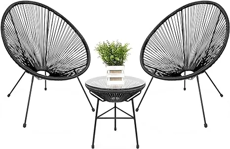 Best Choice Products 3-Piece Outdoor Acapulco All-Weather Patio Conversation Bistro Set w/Plastic Rope, Glass Top Table and 2 Chairs - Black