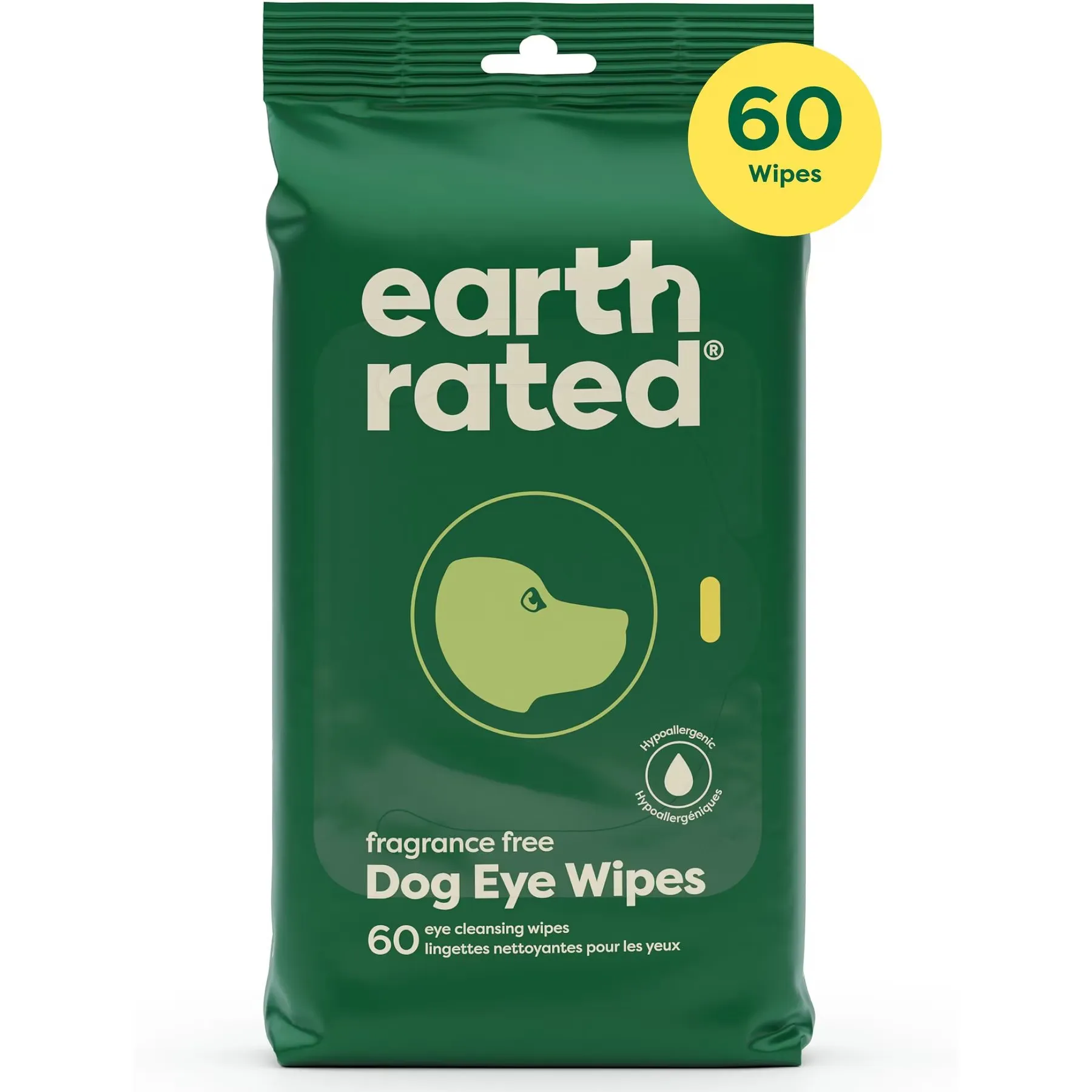 Earth Rated Hypoallergenic Plant Based Fragrance Free Dog Eye Wipes, 60 Count