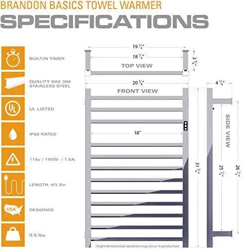 Brandon Basics Wall Mounted Electric Towel Warmer with Built-in Timer and Hardwired and Plug in Options (Polished)