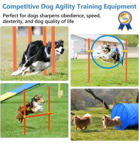 XiaZ Dog Agility Equipments, Obstacle Courses Training Starter Kit, Pet Outdoor Games for Backyard Includes Dog Tunnel, Jumping Ring, High Jumps, 4 Pcs Weave Poles, Pause Box with Carrying Case