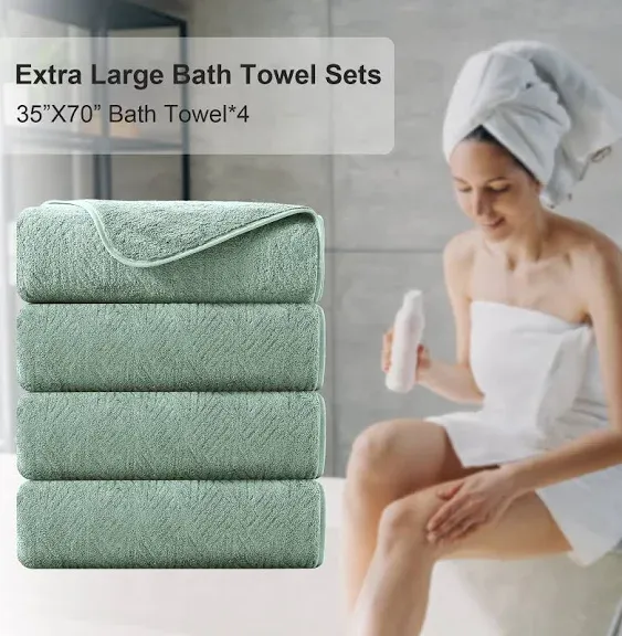 Ultra Soft Bath Towel Set of 4, Green Extra Large Textured Microfiber Luxury Towels 35x70 in, Quick Dry, Highly Absorbent, Fluffy, Oversized, for Bathroom Shower Pool Hotel Beach