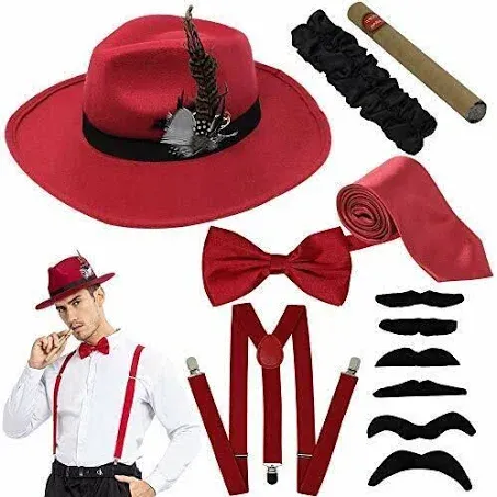 1920&#039;s Manhattan Men&#039;s Costume Accessories Gatsby Gangster Retro Set Burgundy