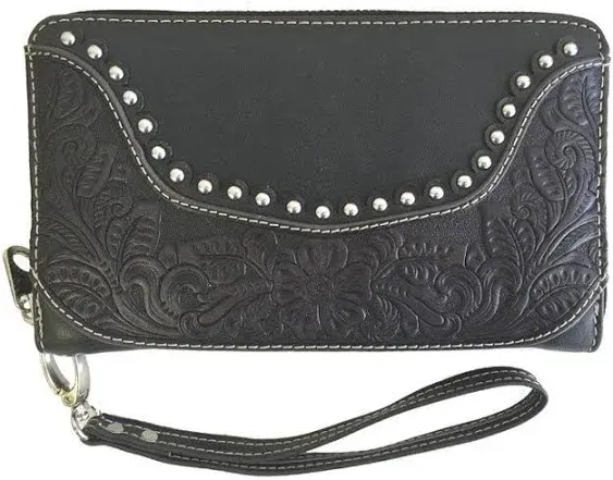 Montana West Ladies Wristlet Wallet 2-in-1 Western Tooled Genuine Leather Zippered Enclosure