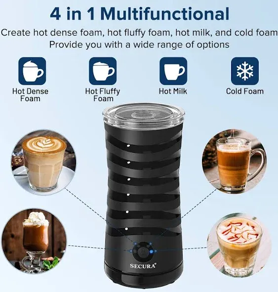 Secura Electric Milk Frother, Automatic Milk Steamer, 4-in-1 Hot & Cold Foam Maker-8.4oz/240ml Milk Warmer for Latte, Cappuccinos, Black