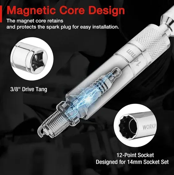 WORKPRO 14 mm Magnetic Spark Plug Socket with Magnetic Design, Swivel Thin Wall Spark Plug Socket, 3/8" Drive x 4" Total Length, 360 Degree Swivel, 12 Point