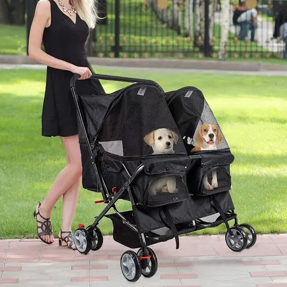 Dporticus Double Pet Stroller Foldable Stroller for 2 Dogs Cats Two-Seater Carrier Strolling Cart for Dog Cat and More Multiple Colors