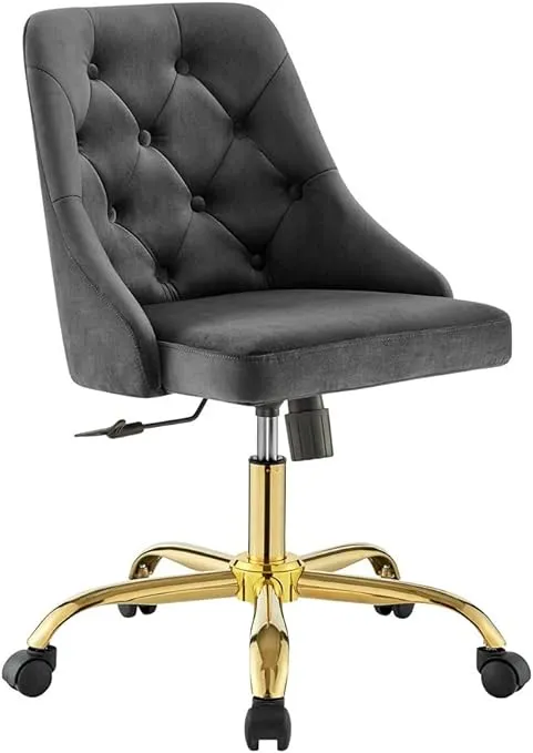 Distinct Swivel Office Chair in Tufted Gray Velvet & Gold by Modway