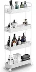  Slim Storage Cart, 4 Tier Bathroom Organizer Mobile Shelving Unit, White