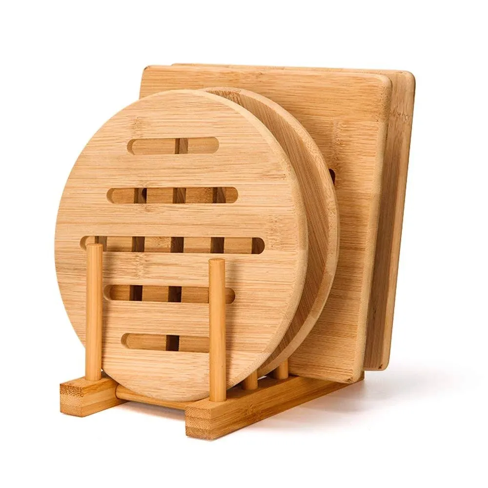 5 Pack Bamboo Trivets with Hot Pad and Plate Rack - No-Slip Design for Dishes Pots and Teapots