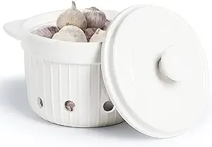 HAOTOP Garlic Keeper with Lid, Ceramic Garlic Saver Container for Countertop, Kitchen Decor (White)