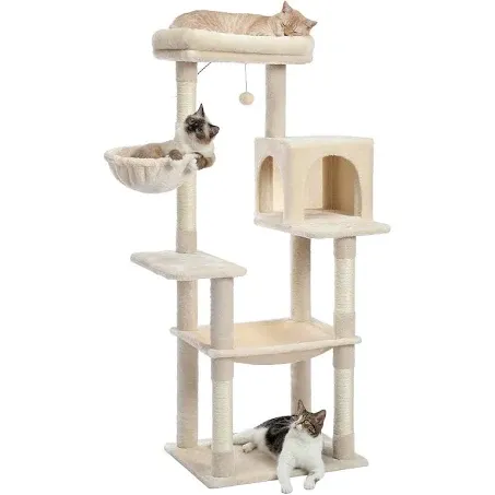 PETEPELA Cat Tree for Large Cats, 56.3" Multi-Level Cat Tower with Sisal Scratching Posts, Super Large Hammock(20"x17") and Top Cat Perch for Heavy Cats, Beige