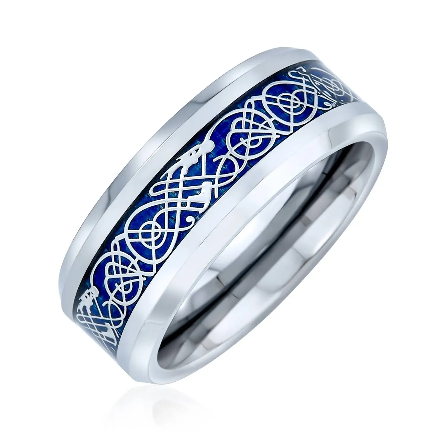 Blue Celtic Knot Dragon Inlay Wedding Band Titanium Ring for Men 8mm