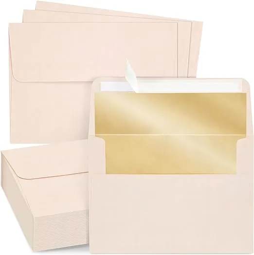 50 Pack Blush Pink Envelopes 5x7 Bronze Lining, A7 Size for Wedding Invitations