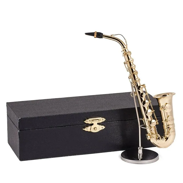 Gold Saxophone with Case and Stand Instrument Replica Mini Figurine 6.5 Inch New