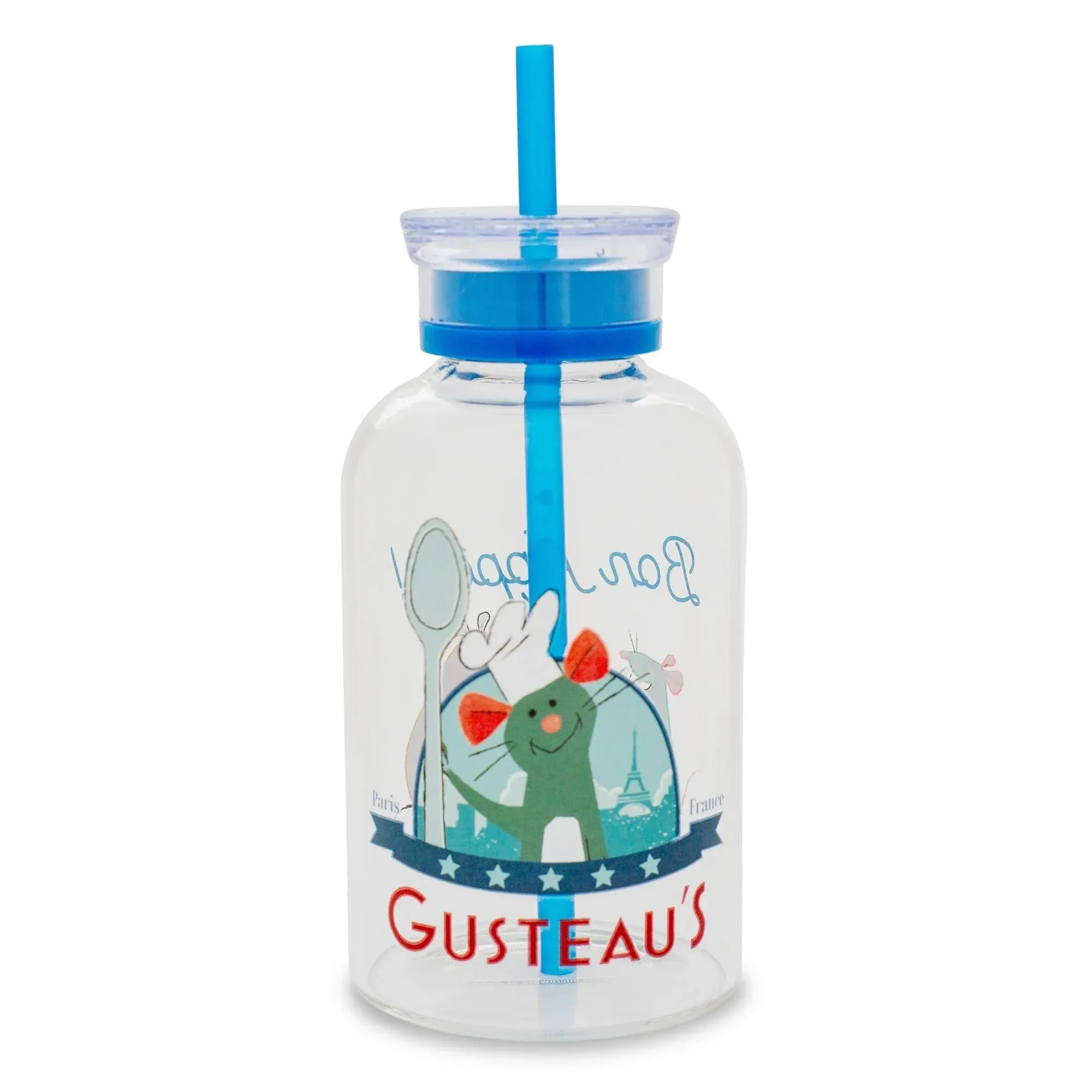 "Disney Pixar Ratatouille Gusteau's Glass Milk Bottle With Straw | Hold 15 Ounces"