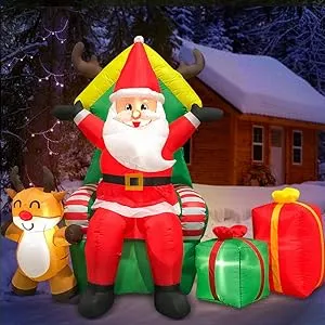 DomKom 7 ft Christmas Inflatable Outdoor Decorations Santa Claus with Reindeer ...