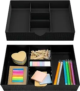 CAXXA 2 Pack 3 Slot Drawer Organizer with Two Adjustable Dividers - Junk Drawer Storage for Office Desk Supplies and Accessories, Black (2 Pack)