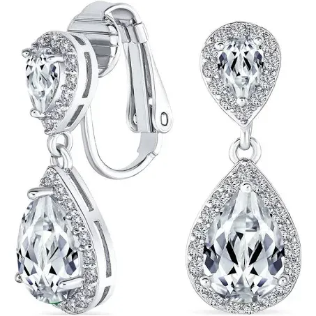 Bridal Teardrop CZ Halo Chandelier Clip On Earrings Silver Rose Gold