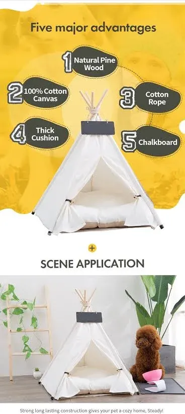 scnbom Pet Teepee Dog & Puppy Cat Tents Tipi Bed Portable Houses with Thick Cushion for Pets Up to 15lbs