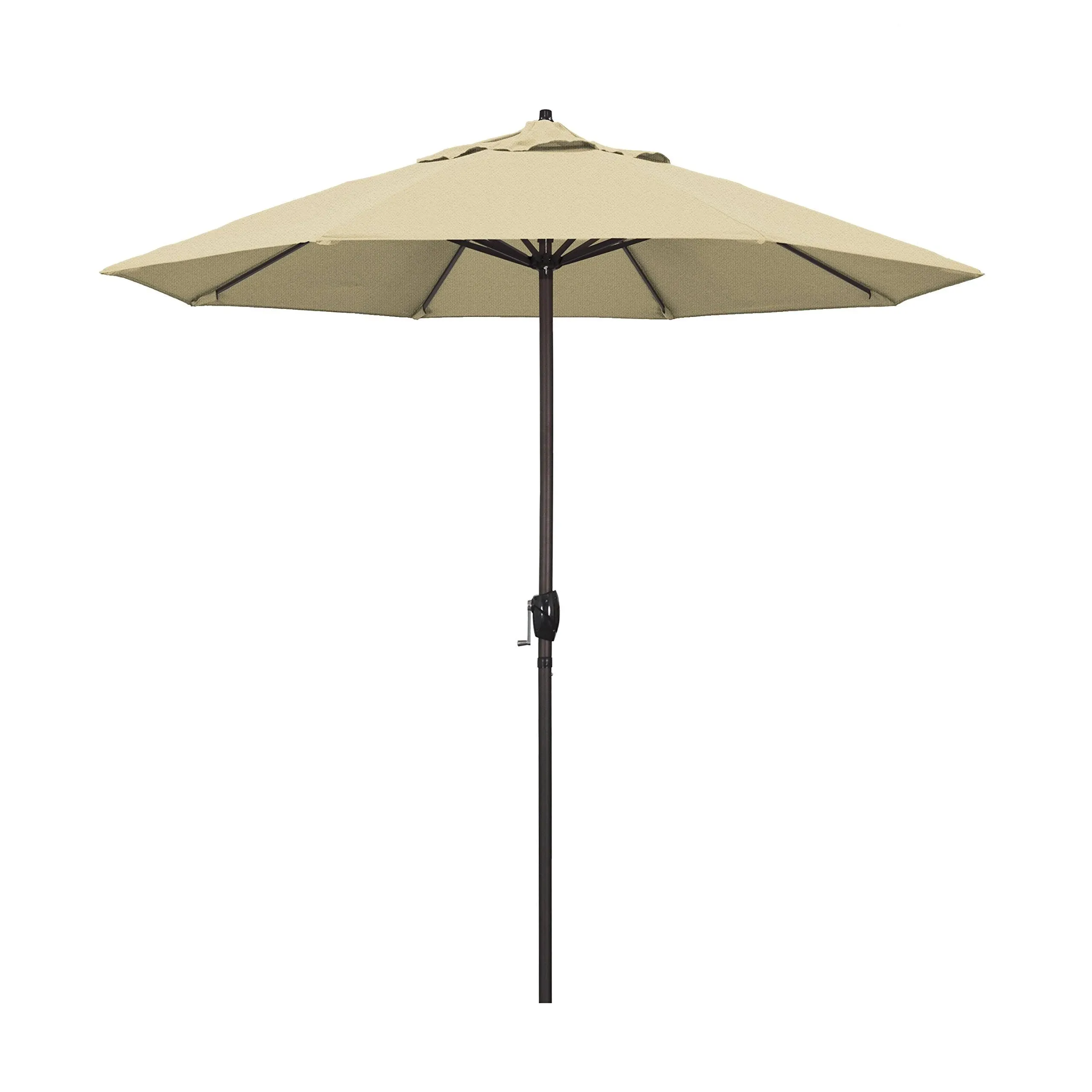 California Umbrella 9' Patio Umbrella Bronze Aluminum Pole, Auto Tilt, Crank Lift, Olefin Champagne Fabric