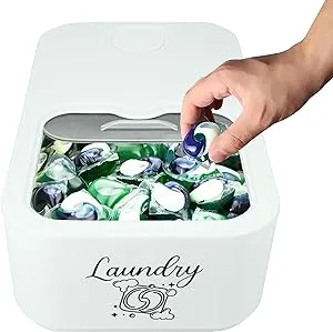 Skywin Laundry Pod Container with Slide Lid (White with Print) - 15 x 8.7 X4.5 in Stylish Laundry Pod Storage Container for Laundry Room Container