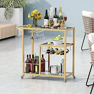 FABOMEI Rolling Bar Carts Gold with WheelsHome Bar Serving Cart with Glass Wi...