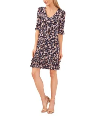 "Women's Floral-Print Elbow-Sleeve Shift Dress"