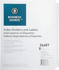 Business Source Index Dividers, 3HP, 8-Tab, 25 Set/Pack, 11"x8-1/2", White (36687)