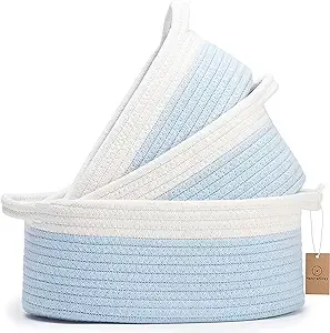 NaturalCozy 3-Piece Oval Storage Basket Set– Natural Rope Woven Baskets for Storage, Gift Basket Empty, Toy Basket, Soft Baby Basket for Nursery, Cat Dog Toy Baskets, Small Basket (Off White & Blue)