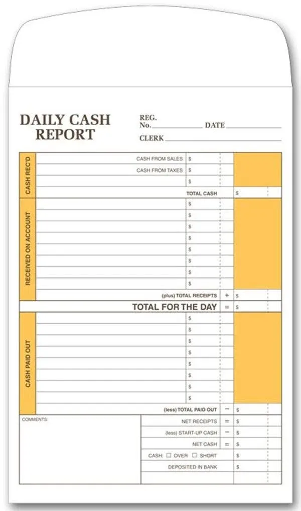 EGP Daily Cash Report Envelope, Size Size: 6 1/2 x 9 1/2, Quantity 250 Envelopes