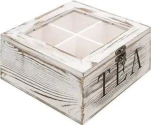 MyGift 4 Slot Rustic Whitewashed Wood Tea Bag Storage Chest with Clear Latch Lid