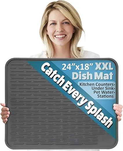 24" x 18" XXL Silicone Dish Drying Mat - Large Dish Drainer Mat and Trivet by LISH (Slate Grey)