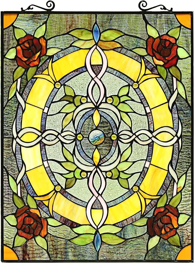 Chloe Lighting CH8P023RF24-VRT Bonica Tiffany-Style Floral Stained Glass Window Panel 24&quot; Height