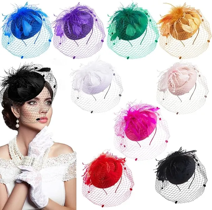 9 Pcs Fascinator Hats for Women Tea Party Hats 20s 50s Cocktail Hat with Feather mesh Veil for Wedding Church(Fresh Colors,Delicate Style)